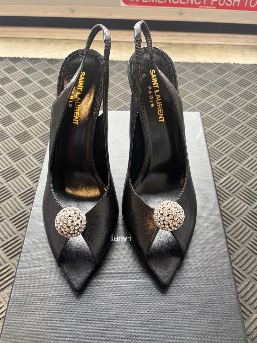 SAINT LAURENT BLACK CRYSTAL EMBELLISHED SLINGBACK PUMPS SZ 7